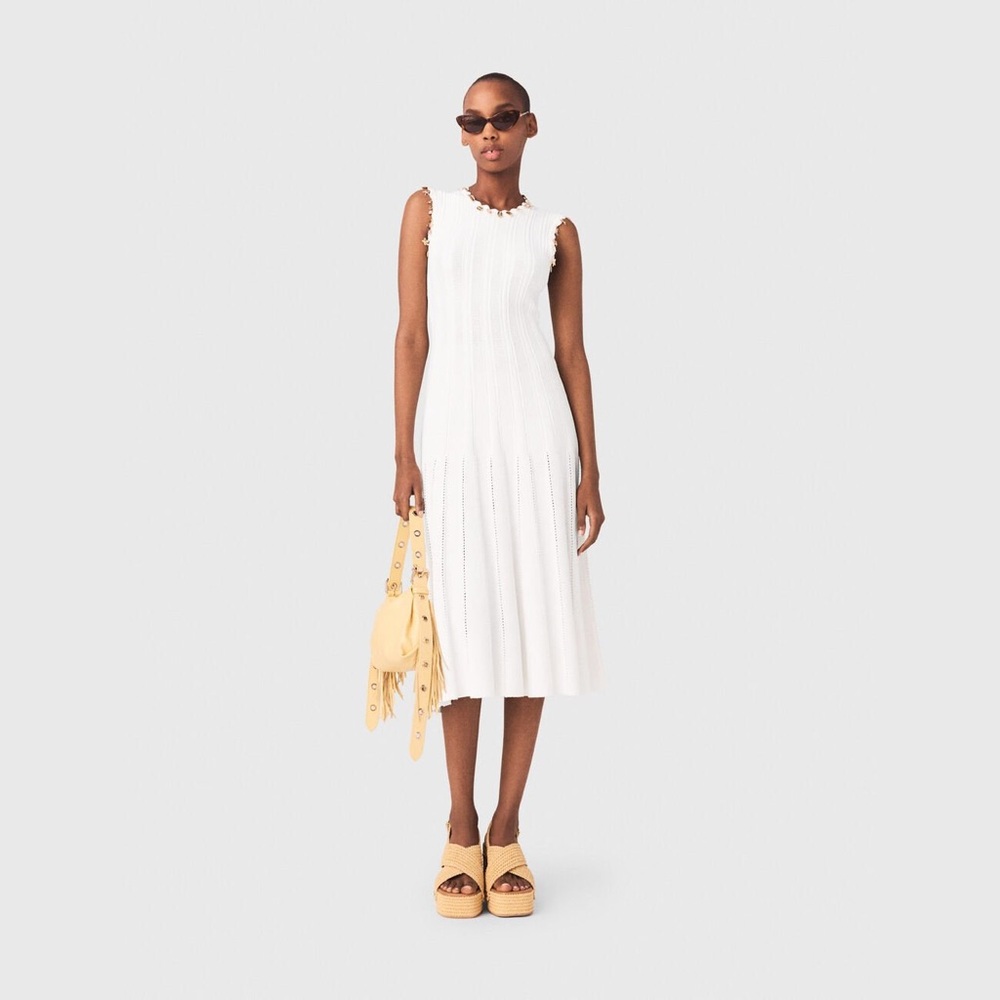 New MAJE White Sleeveless Embellished Knit midi dress with gold jewellery